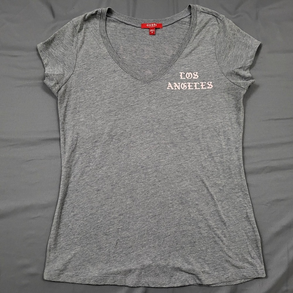 Guess Los Angeles Graphic V-Neck T-Shirt Womens Medium Gray Q72162R6VE0